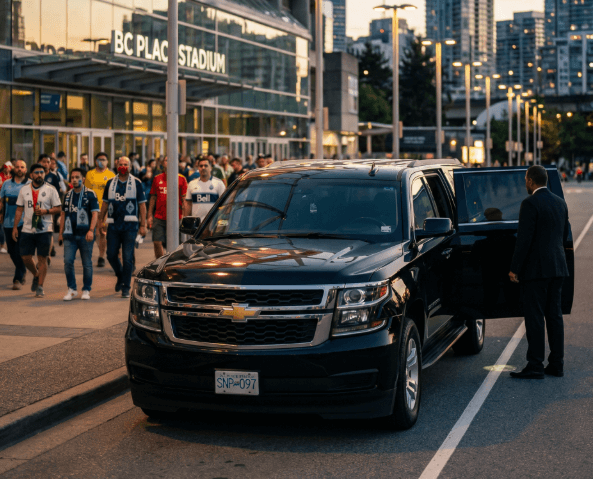 Luxury SUV limo service arriving at BC Place Stadium in Vancouver for FIFA World Cup 2026